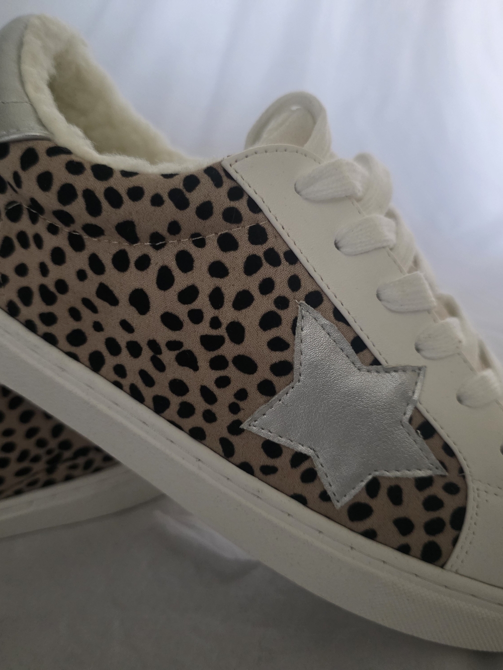 Beige Leopard-Print Lace-Up Sneakers with Silver Star Accent
